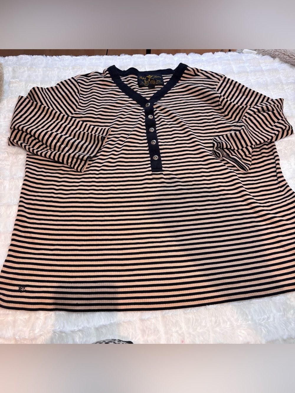 Ralph Lauren Black and Cream Striped Top with Gold Logo Label 2X